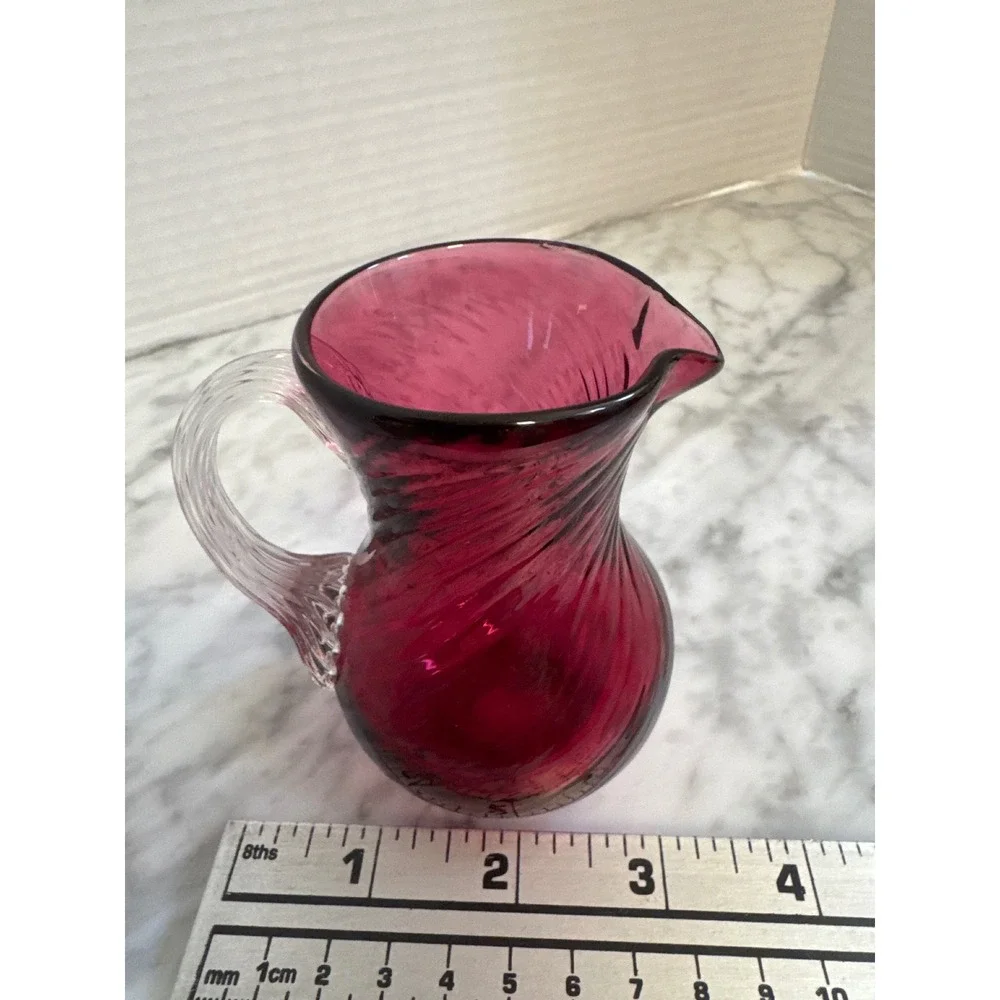 Vintage Cranberry Glass Pitcher Hand Blown Optic Swirl Ruby Red Clear Handle 4in